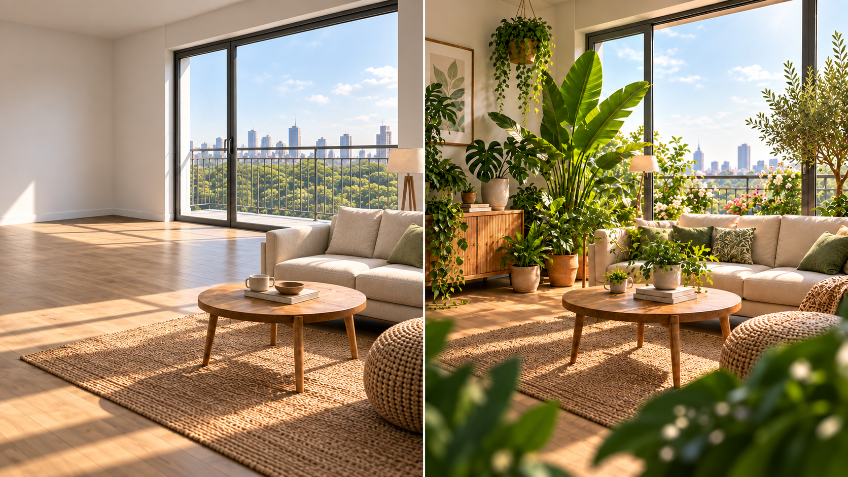 The same living room before planting and as a lush AI garden design concept